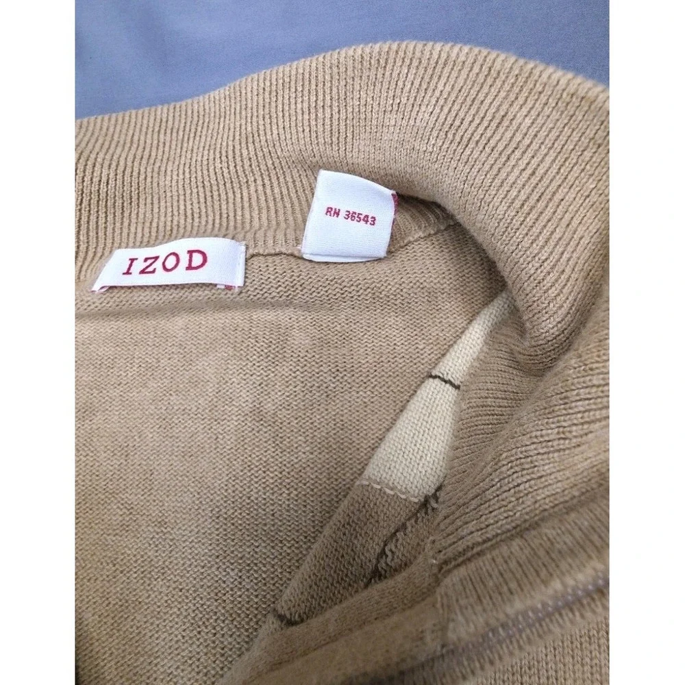 IZOD Men's Full-Zip Argyle Sweater – Size XL – Tan/Beige – 100% Cotton